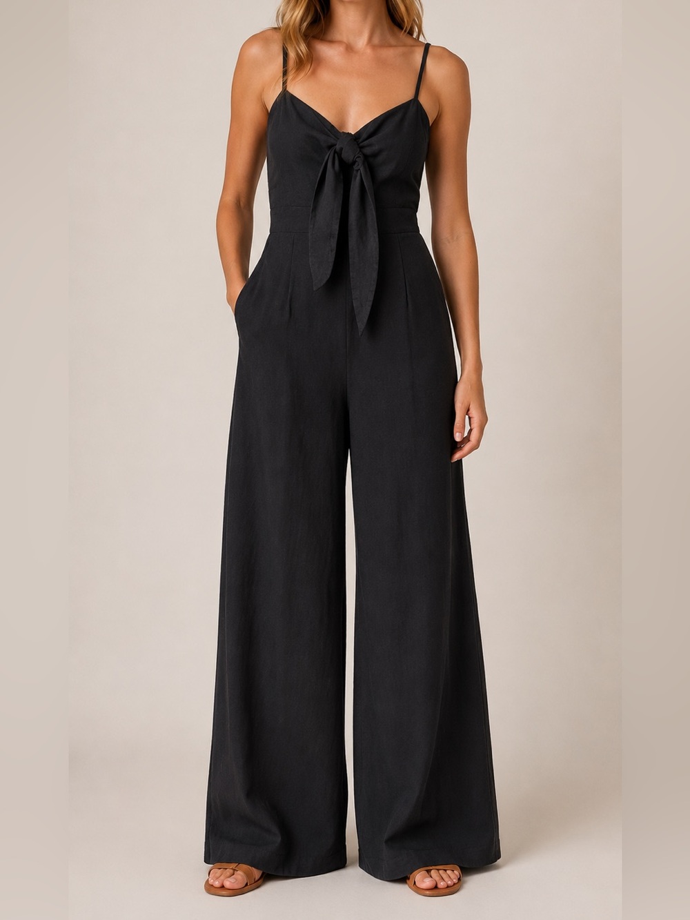 Commense NWT Black Tie-Front Wide-Leg 100% Cotton Jumpsuit with Spaghetti Straps